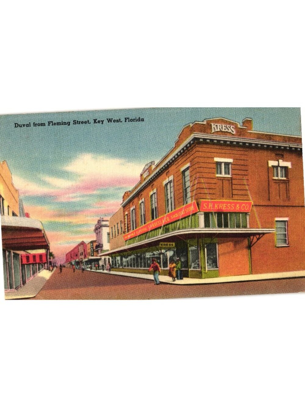 Duval From Fleming Street Key West Florida Vintage Linen Postcard S.H. Kress & C